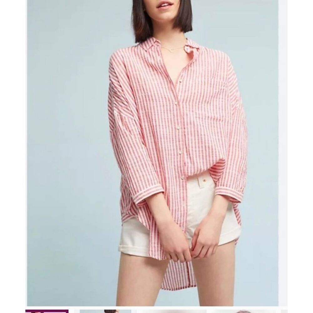 Anthropologie Holding Horse Oversize Button Down Blouse Red White Stripes M/L